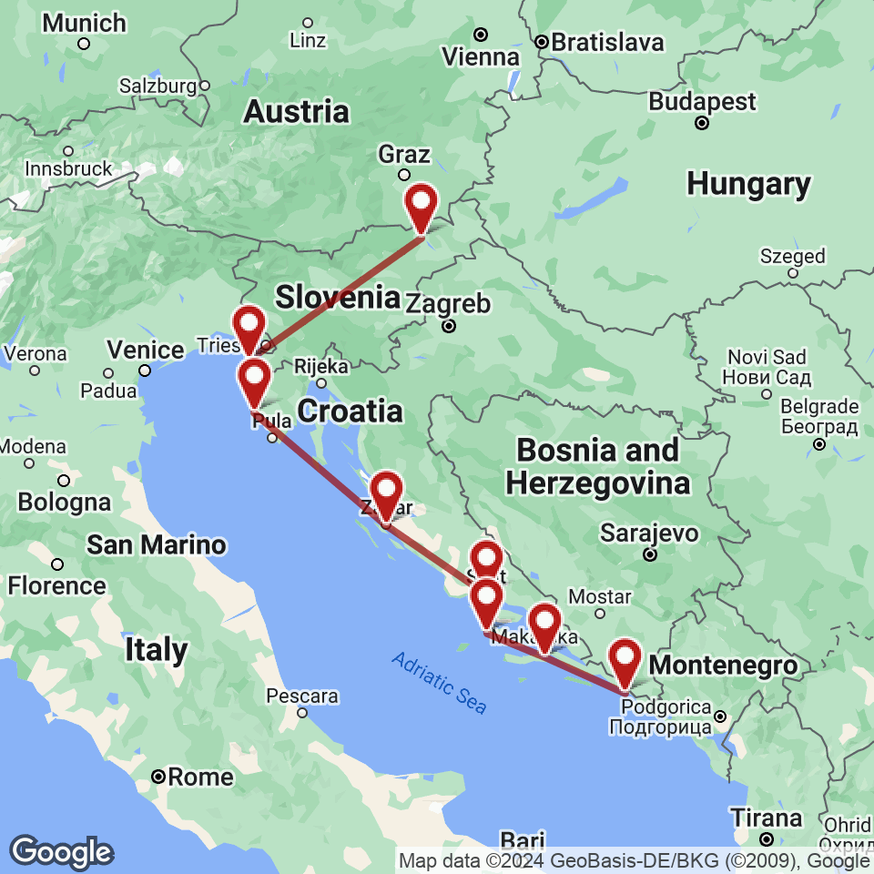 Route for Maribor, Piran, Rovinj, Zadar, Split, Hvar, Korcula, Dubrovnik tour